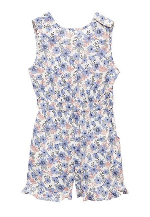 Blumiger Jumpsuit aus weißem Stoff mit blauen und pfirsichfarbenen Blumen, elastischer Taille, ärmellosem Design und Rüsche am Shorts-Saum.