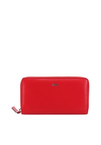 Red leather wallet with a smooth texture, rectangular shape, zip closure, and a small silver logo on the front.