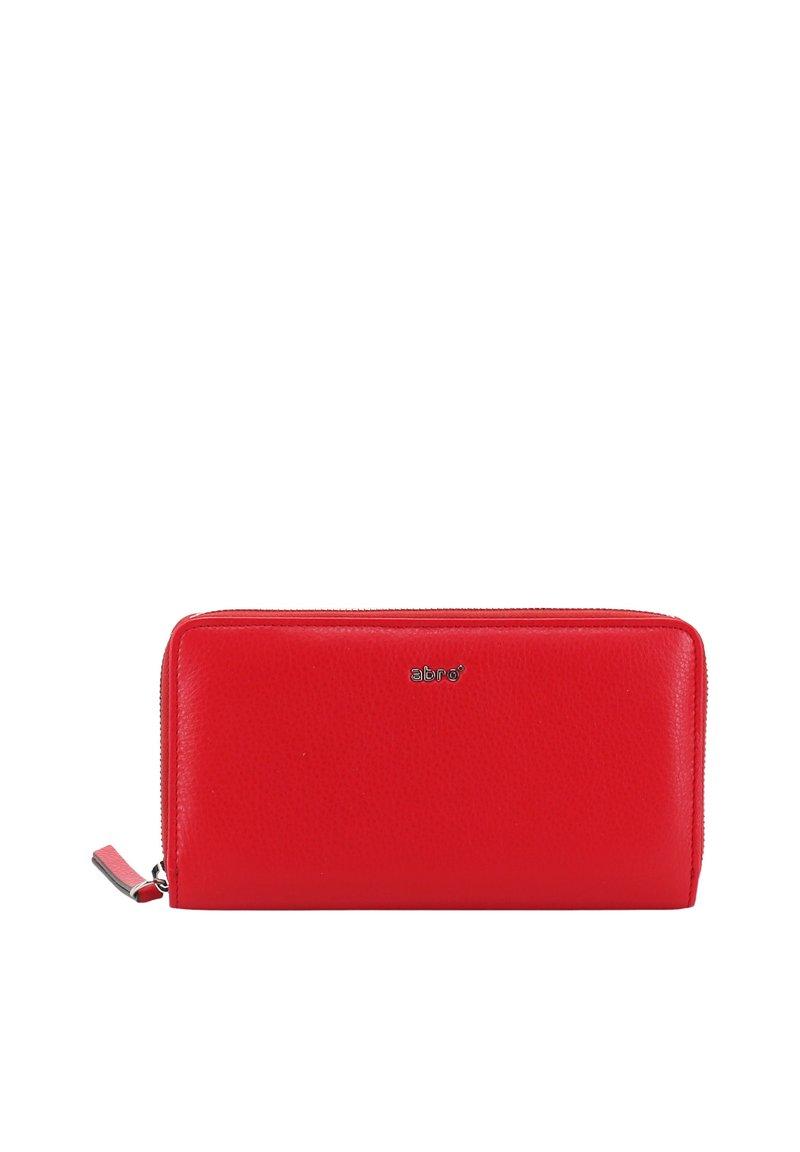 Red leather wallet with a smooth texture, rectangular shape, zip closure, and a small silver logo on the front.