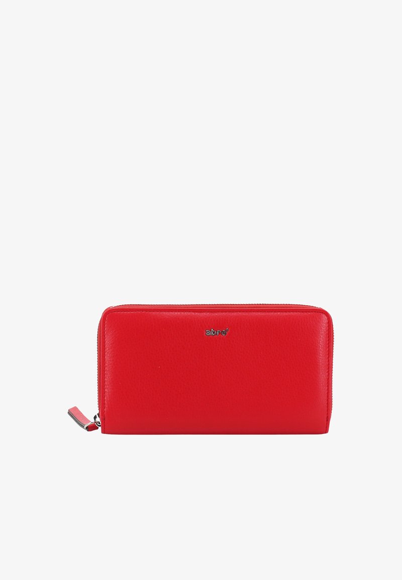 Red leather wallet with a smooth texture, rectangular shape, zip closure, and a small silver logo on the front.