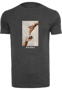 Gray cotton t-shirt featuring a graphic of two hands exchanging a pizza slice, with "God Given" text in white at the bottom.