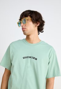 Mentazöld, rövid ujjú póló fekete, ívelt "DICKIES" felirattal. Kiegészítők között oversized, átlátszó napszemüveg kék lencsékkel.