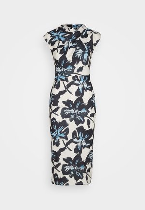Robe midi florale en crème avec un motif floral noir et bleu. Présente une silhouette ajustée et des manches courtes. Texture lisse, longueur genoux.