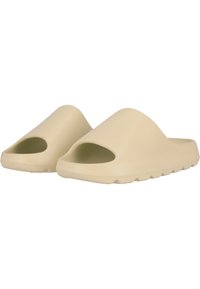 Beige zijn sandalen van zacht materiaal, met een open teen ontwerp, afgeronde randen en een gestructureerde ondergrond voor grip.