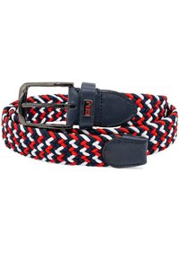 Geweven riem in marineblauw, rood en wit met een metalen gesp. Heeft leren accenten aan de uiteinden en een gevlochten textuur doorheen.