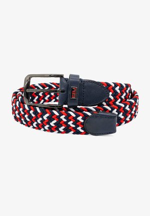 Ceinture tissée en marine, rouge et blanc avec une boucle métallique. Présente des accents en cuir aux extrémités et une texture tressée sur l'ensemble.