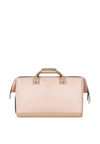 Sac en tissu rose clair avec des accents dorés métalliques, forme structurée, poignées doubles et une fermeture éclair noire sur le dessus. Détails de texture.