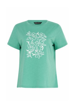 Maglietta verde a maniche corte con scollo rotondo e disegno floreale bianco a linea centrale sulla parte anteriore.