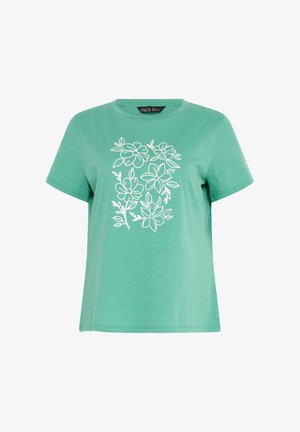 Vihreä lyhythihainen t-paita pyöreällä kaula-aukolla, jossa valkoinen kukkainen viivapiirros keskellä edessä.