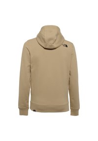 Sudadera con capucha en beige, con un diseño sencillo, textura suave y un pequeño logo negro en la parte trasera cerca del cuello, además de un bolsillo tipo canguro.