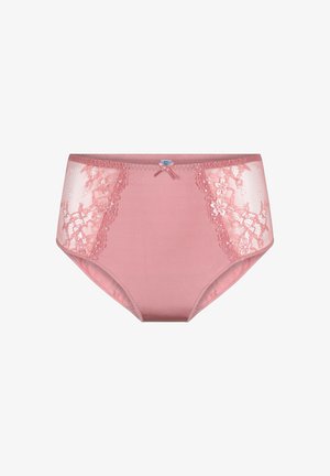 Valkoinen korkeavartinen vaaleanpunainen alushousut, joissa on kukkakuvioidut pitsisivut ja pieni rusetti etuosassa, valmistettu pehmeästä kankaasta.