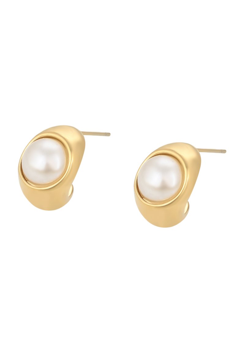Orecchini a forma di chiodo in tono oro, caratterizzati da un design liscio e arrotondato con una grande perla bianca lucida al centro.