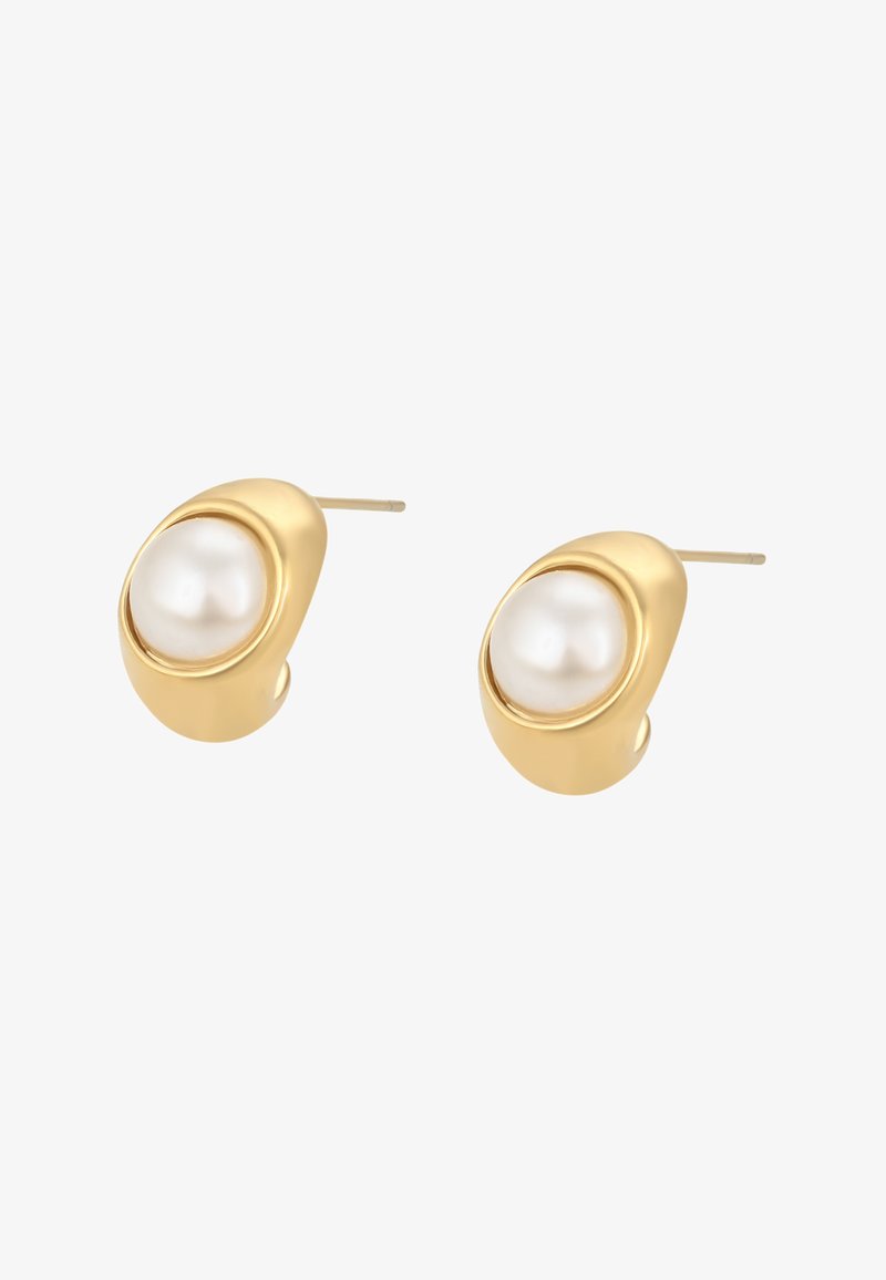 Orecchini a forma di chiodo in tono oro, caratterizzati da un design liscio e arrotondato con una grande perla bianca lucida al centro.