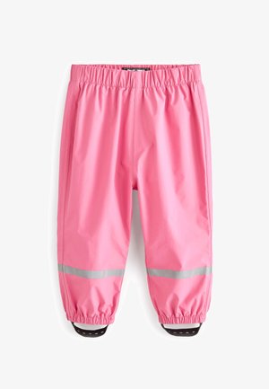 Pantaloni impermeabili rosa con una vita elastica, polsini alle caviglie e strisce riflettenti argento. Texture liscia e design casual.