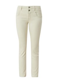 Beiga, sittande jeans med hög midja, två framfickor och två bakfickor. Tillverkade av ett mjukt, elastiskt tyg med en slät yta.