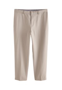 Beige, op maat gemaakte broek met een platte voorkant, lussen voor een riem en een gladde textuur, voorzien van een subtiele glans en een cropped lengte bij de enkels.