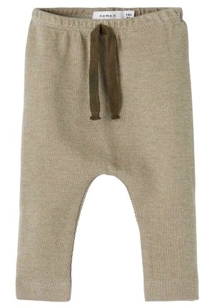 Pantalon bébé beige et blanc à fines rayures avec taille élastique et cordon marron foncé, taille 1-2 mois.