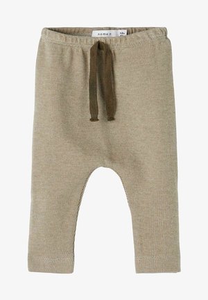 Beige og hvide tyndstribede babybukser med elastik i taljen og mørkebrun snøre, str. 1-2 måneder.