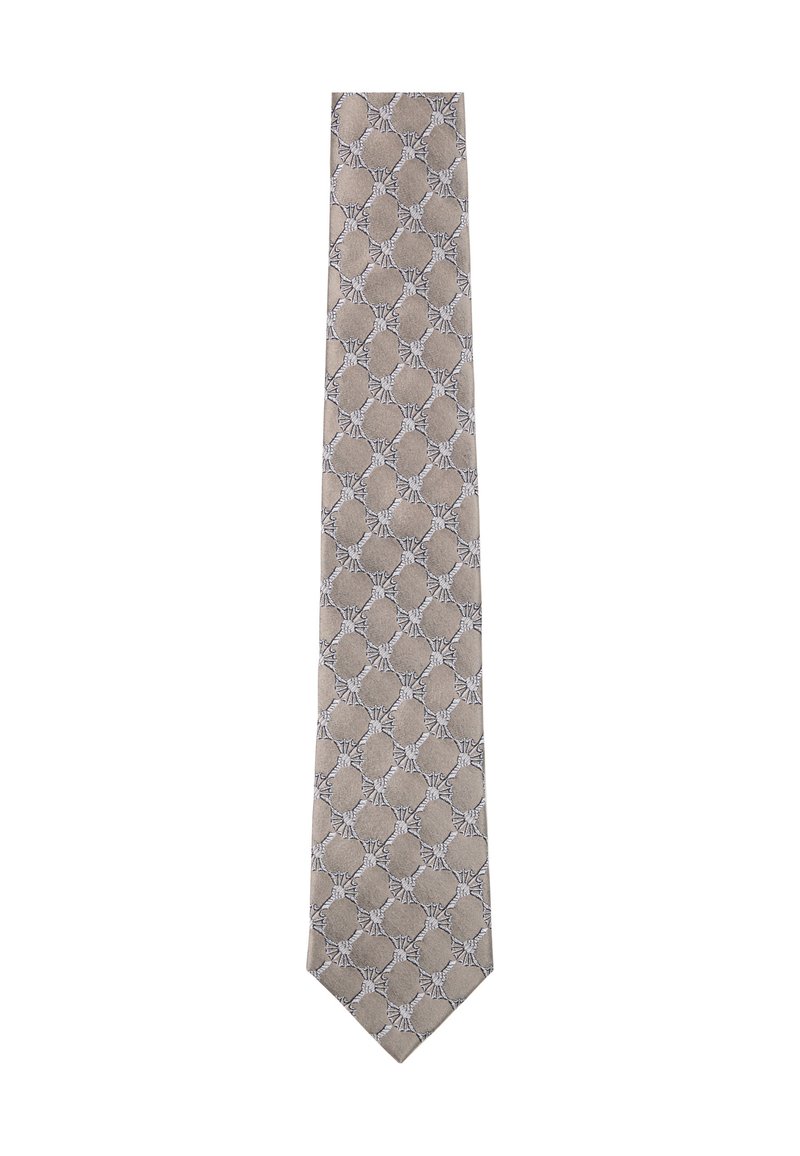 Beige Krawatte mit geometrischem Muster, das in hellgrau und marineblauen Akzenten gestaltet ist. Glatte Textur, klassisches Design mit spitzem Ende.