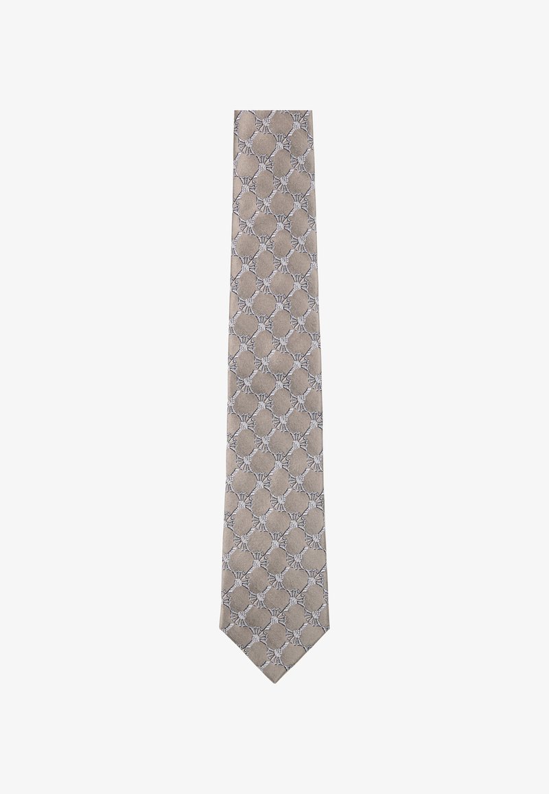 Cravatta beige con un motivo geometrico caratterizzato da accenti grigio chiaro e blu navy. Texture liscia, design classico con punta a forma di freccia.