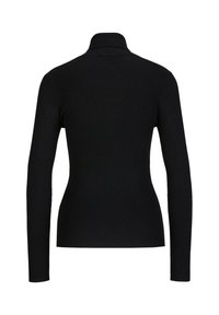 Schwarzer, gerippter Rollkragenpullover mit langen Ärmeln, der ein enganliegendes Design und einen strukturierten Stoff aufweist. Keine sichtbaren Verzierungen.