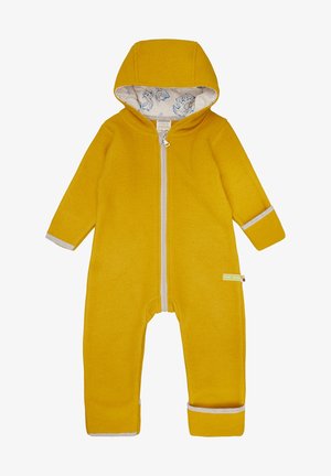 Tutina gialla in pile con cappuccio, zip anteriore e polsini grigi. L'interno presenta una fodera bianca con motivi di gufi blu.