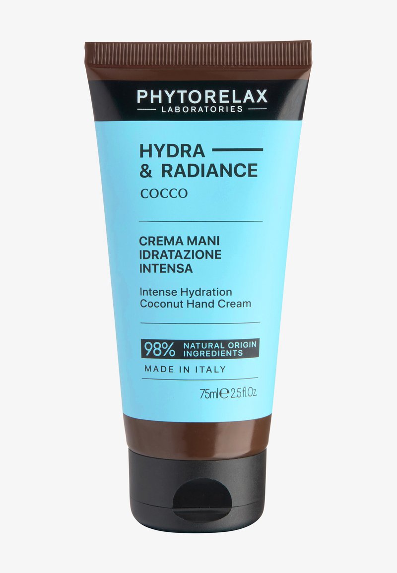 PhytoRelax Hydra & Radiance kokos håndcreme tube, 75 ml, 98% naturlige ingredienser, intens hydrering, fremstillet i Italien.