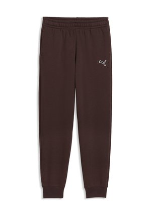 Pantalon de jogging Puma marron foncé avec taille élastique, chevilles resserrées, poches latérales et logo Puma blanc sur la partie supérieure de la jambe gauche.