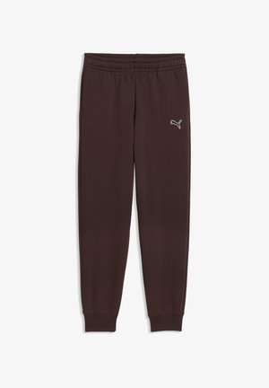 Dunkelbraune Puma Sweatpants mit elastischem Bund, Bündchen an den Knöcheln, Seitentaschen und weißem Puma-Logo am oberen linken Bein.
