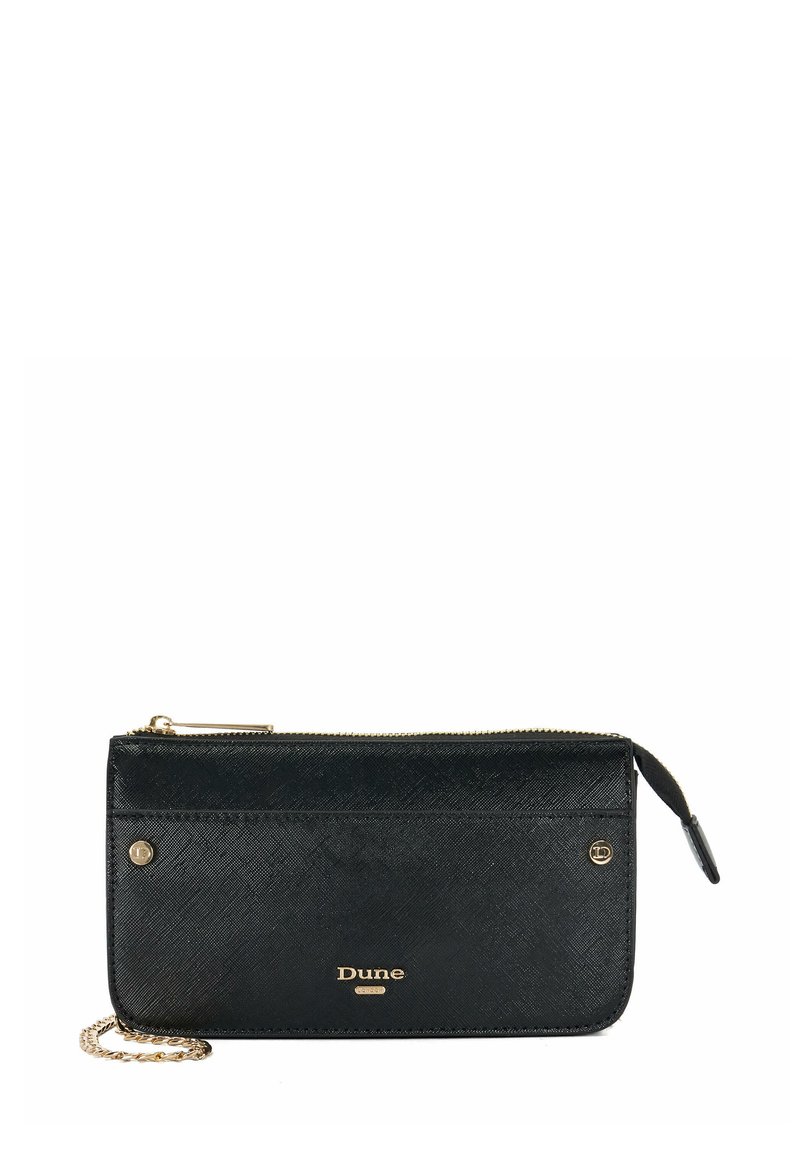 Black textured faux leather wallet with gold hardware, zip closure, chain strap, and embossed logo on the front. Features a slim design.