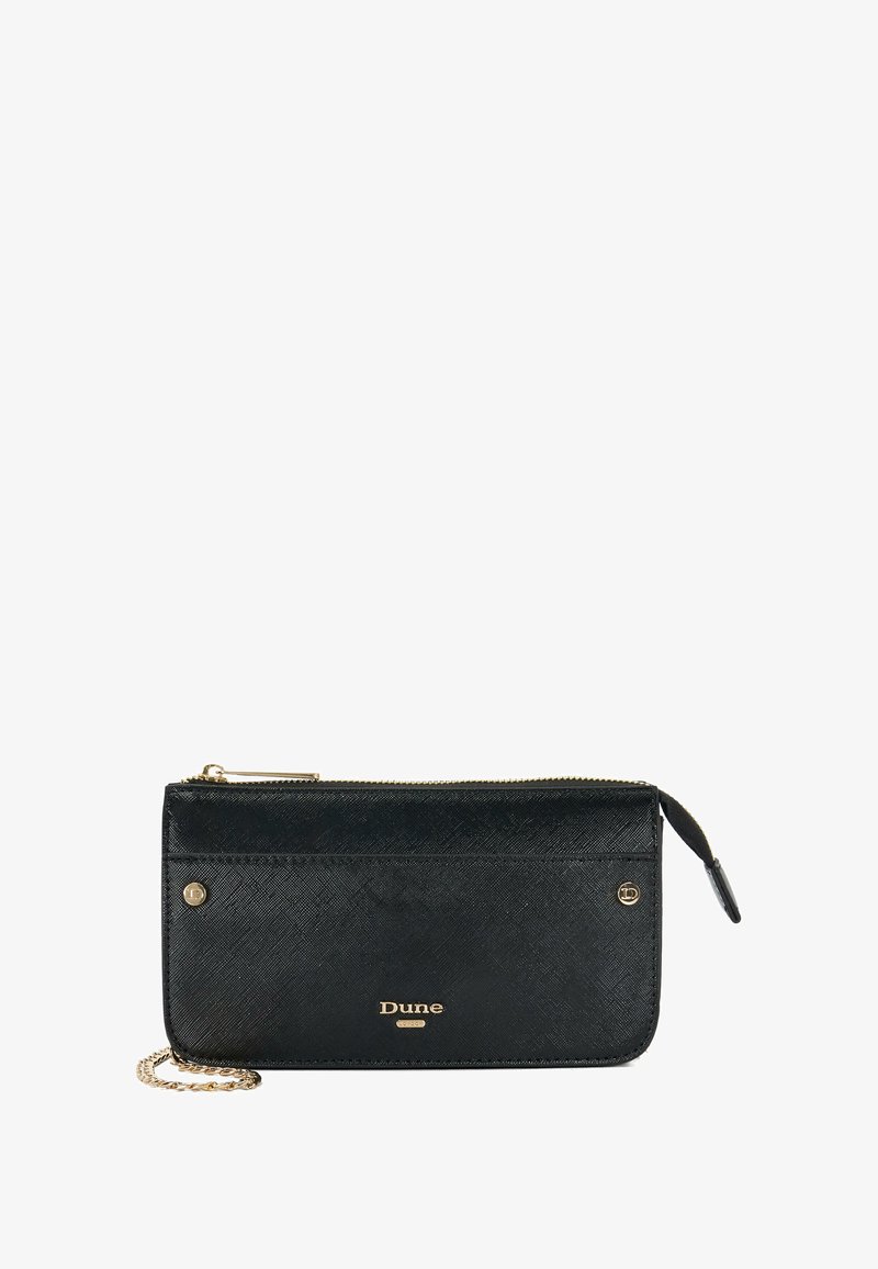 Black textured faux leather wallet with gold hardware, zip closure, chain strap, and embossed logo on the front. Features a slim design.