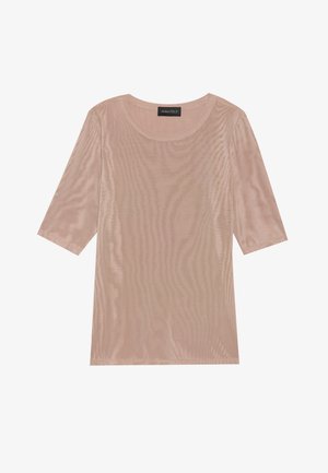 Helles rosa, halbtransparentes T-Shirt mit Rundhalsausschnitt und Dreiviertelärmeln. Weiche Textur mit leichtem Glanz. Etikett am Halsausschnitt sichtbar.
