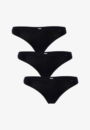 Tre perizomi neri in cotone, caratterizzati da un design semplice con una sottile fascia in vita, una texture liscia e un piccolo etichetta su ciascun paio.