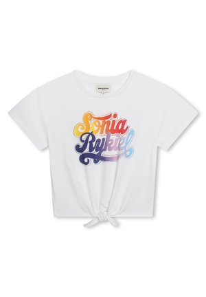 T-shirt bianco a maniche corte realizzato in cotone, con un design grafico colorato e stilizzato che presenta "Sonia Rykiel" in diverse tonalità. Nodo annodato all'orlo.