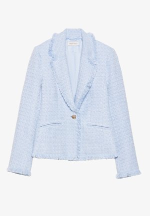 Light blue tweed blazer featuring a frayed collar and cuffs, single button closure, and two front pockets. Smooth inner lining.