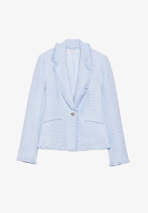 Gaiši zilas tweed jakas, kas izceļas ar saplēstu apkakli un aprocēm, vienas pogas aizdari un divām priekšējām kabatām. Gluda odere.