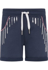 Korte marineblauwe shorts gemaakt van een zachte stof, met paillettenaccenten op de zakken en zijkanten, witte trekkoord en opgerolde zoom.