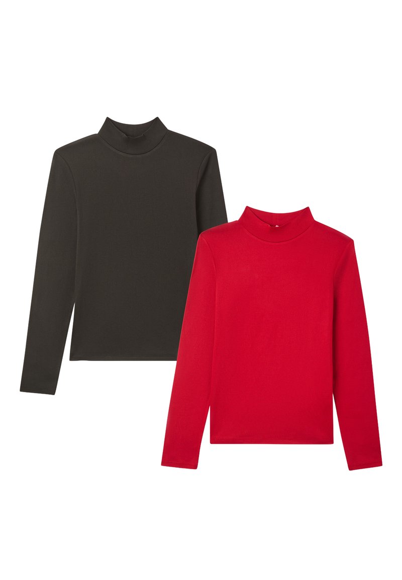 Due maglioni a manica lunga con collo alto, uno nero e uno rosso, esposti in piano su uno sfondo bianco.