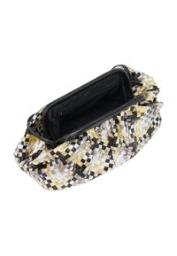 Szövet clutch táska ezüst, arany és fekete színben, texturált felülettel és cipzáras záródással. Az belső része fekete anyaggal van bélelve.