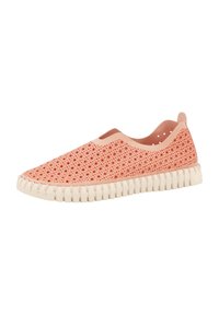 Instap schoenen met een geweven koraalkleurige bovenkant, met een gestructureerd patroon. Crème kleurige rubberen zool met een gegroefd rand voor grip.