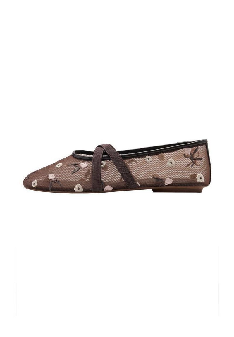 Brown mesh ballet flat with floral embroidery, pointed toe, and a crossover strap design. Features a flat sole and subtle accents.