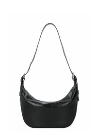 Borsa hobo in pelle nera con una superficie liscia, forma curva, tracolla regolabile e accenti in metallo argentato.
