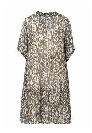 Lühike lahtine kleit pruunide, siniste ja valgete abstraktsete mustritega, lühikeste varrukatega ning esiküljel nööpidega kogutud kaelusega.