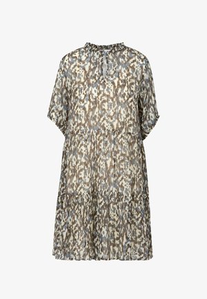 Lühike lahtine kleit pruunide, siniste ja valgete abstraktsete mustritega, lühikeste varrukatega ning esiküljel nööpidega kogutud kaelusega.