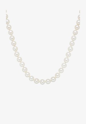 Collana di perle bianche con perle rotonde lucenti, perfettamente distanziate, intrecciate in un design classico. Superficie liscia, senza chiusura visibile.