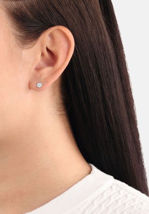 Orecchini a bottone d'argento a forma di fiore, decorati con numerosi piccoli gemme trasparenti. Indossati sull'orecchio di un modello, con capelli scuri sullo sfondo.