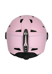 Roze skihelm met een matte afwerking, meerdere ventilatiesleuven, zwarte accenten, en een verstelbare band aan de achterkant met een ronde verstelknop.