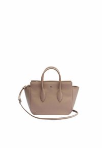 Sac en cuir beige avec doubles poignées, une bandoulière amovible et un détail de logo. Présente un design structuré et angulaire.