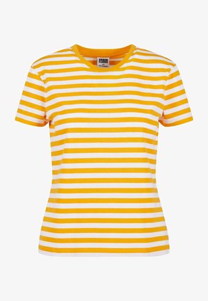 Keltainen ja valkoinen raidallinen T-paita, jossa on pyöreä kaula-aukko ja lyhyet hihat; valmistettu puuvillasta, pehmeä tekstuuri ja normaali istuvuus.