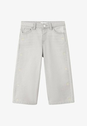 Svetlosivé denimové culottes s vysokým pásom, zdobené kvetinovou výšivkou pozdĺž vonkajších švov a klasickým päťvreckovým dizajnom.